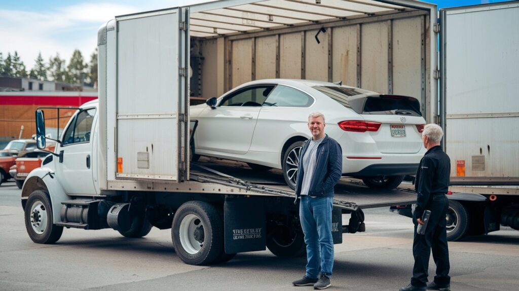 Auto transport service securely loading a car onto a transport truck.