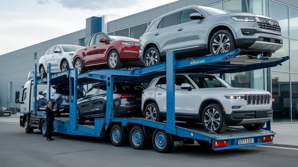 Graphic showing multiple vehicles being loaded onto a car transport trailer.