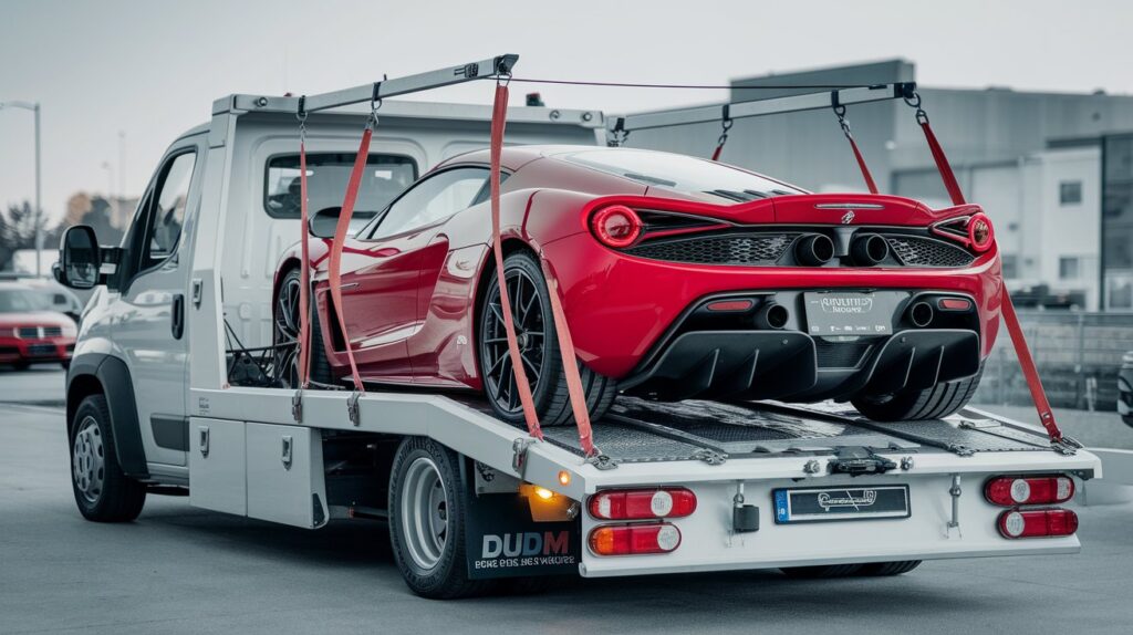 Car being loaded onto a transport truck with a driver securing it.