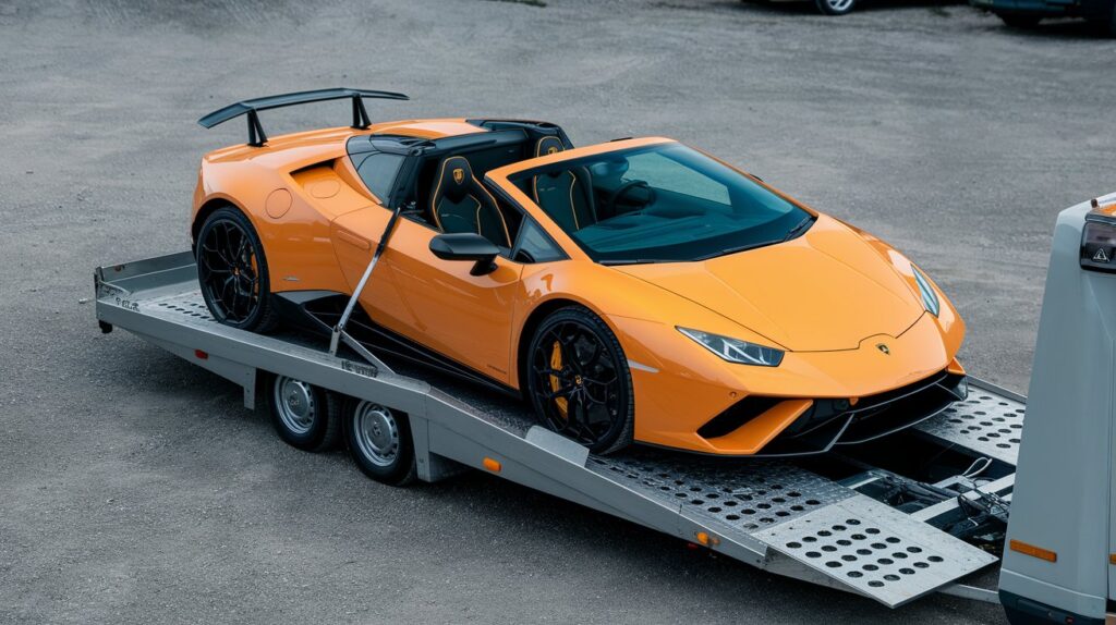 Image of a car being securely loaded onto a trailer for transport by a professional car hauling service.