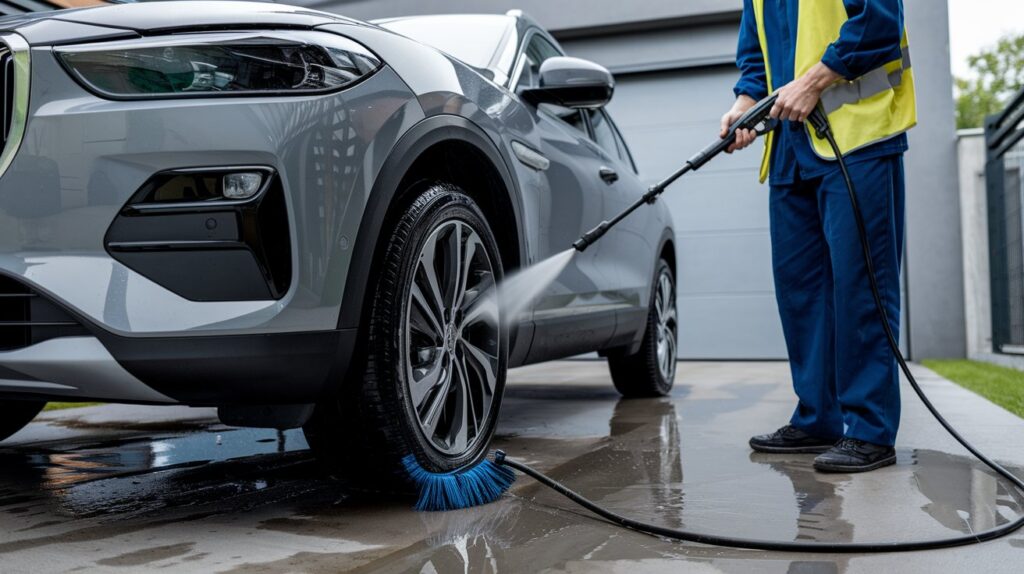 Person cleaning a car before shipping, with a focus on the exterior and tires.