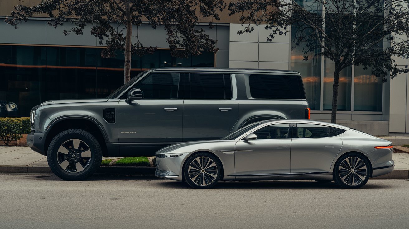 A side-by-side comparison of an SUV and a sedan on a shipping trailer, highlighting the differences in size and transport logistics.