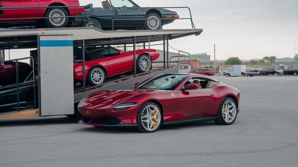 A sleek exotic car being carefully loaded onto a hydraulic lift inside an enclosed carrier, showcasing the precision and safety of luxury vehicle transport.