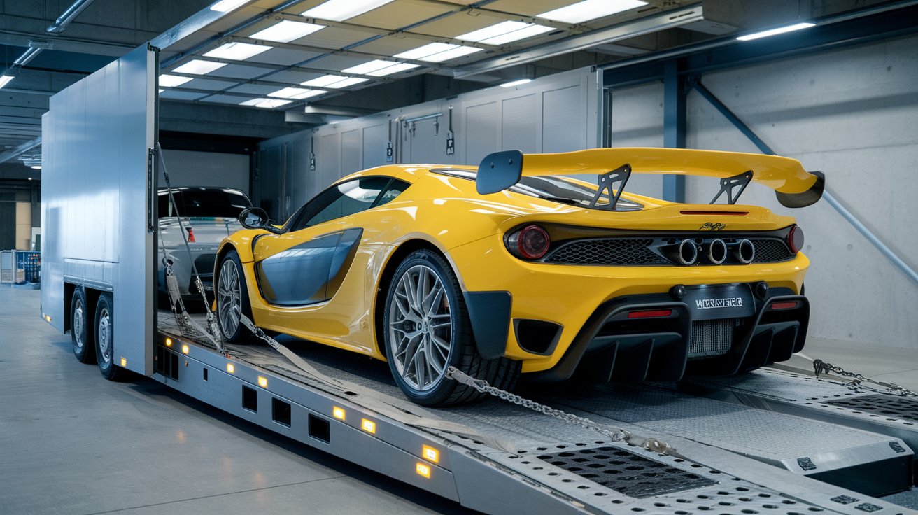 Red race car securely strapped inside an enclosed trailer for safe transportation.