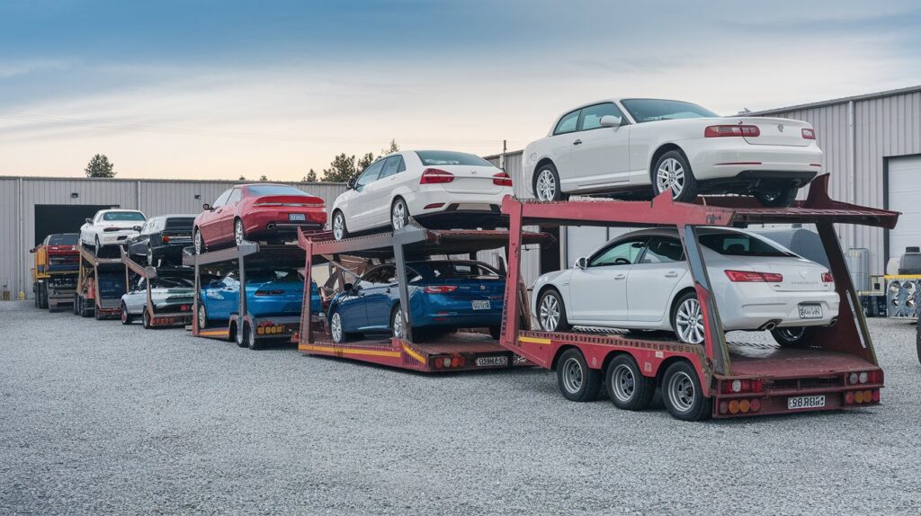 A fleet of cars being prepared for transport on a Professional Car Transport