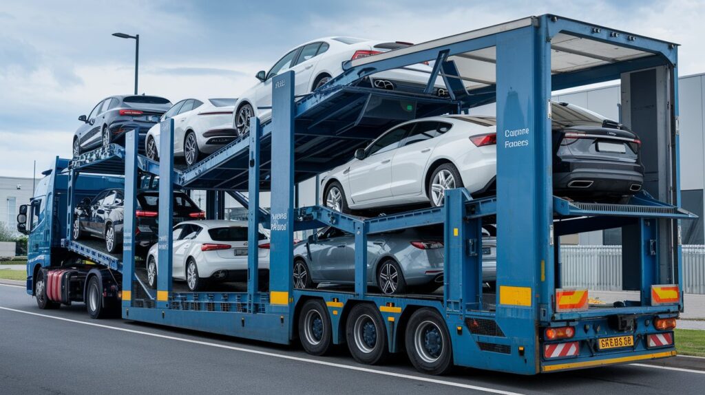 A fully loaded open car carrier transporting multiple vehicles on a highway under a clear sky.