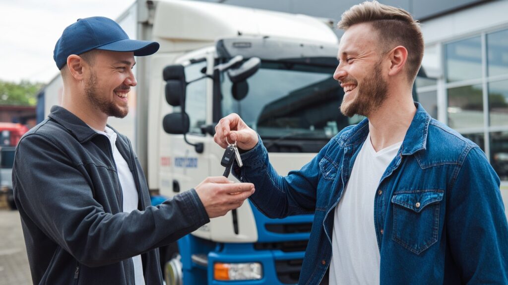 A smiling customer in a denim jacket receives car keys from a truck driver in a cap, standing in front of a parked transport truck, representing a smooth and hassle-free vehicle delivery process.