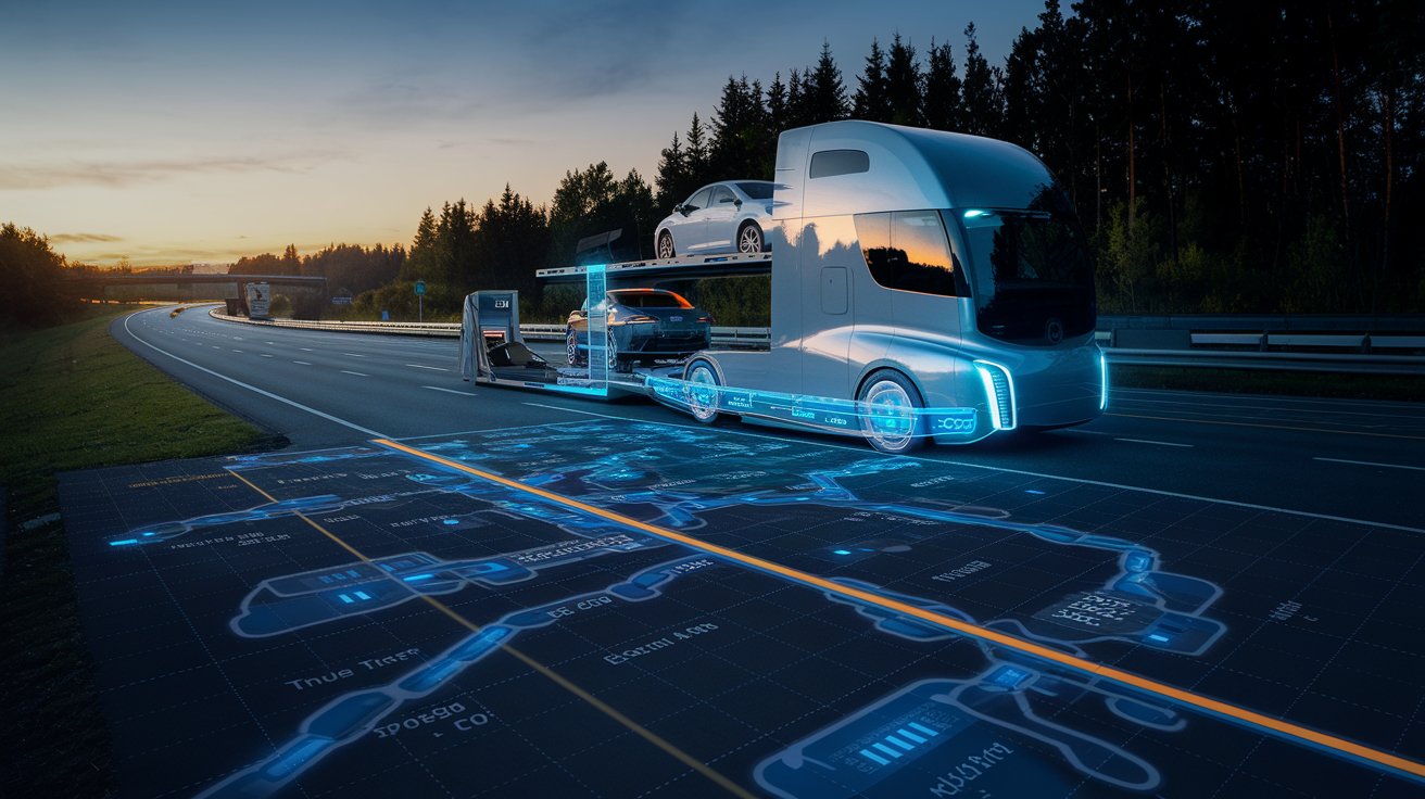 A futuristic car transport truck with an advanced GPS tracking interface overlay, showing real-time vehicle tracking and route optimization on a highway at dusk.