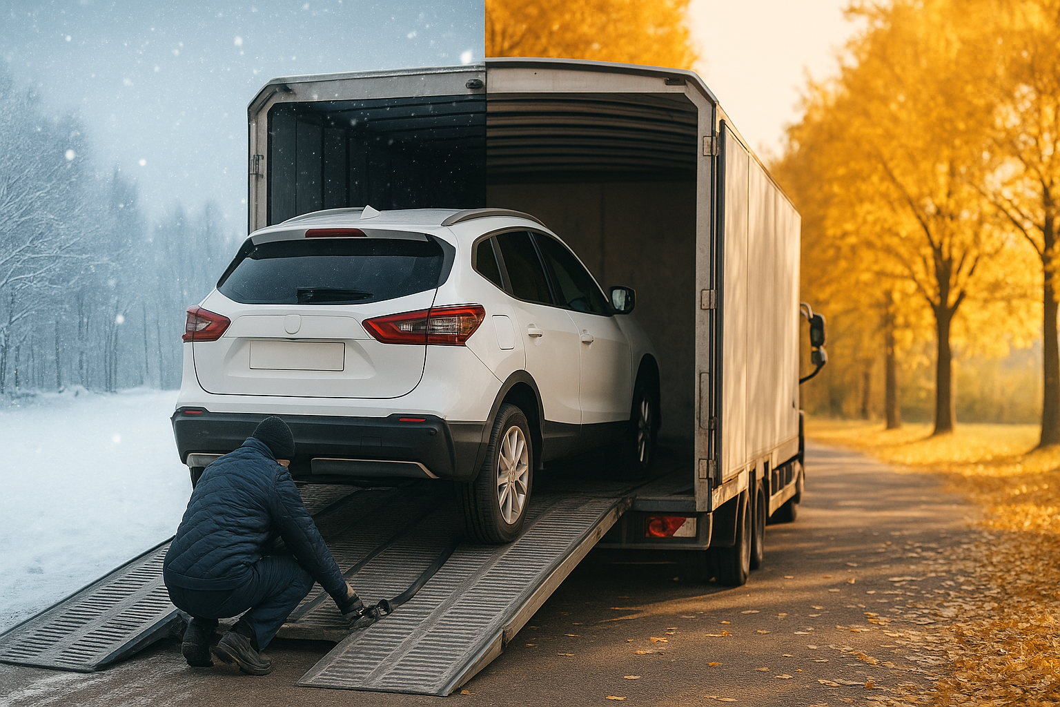 White SUV being loaded onto an enclosed trailer during seasonal car shipping in winter and fall conditions.