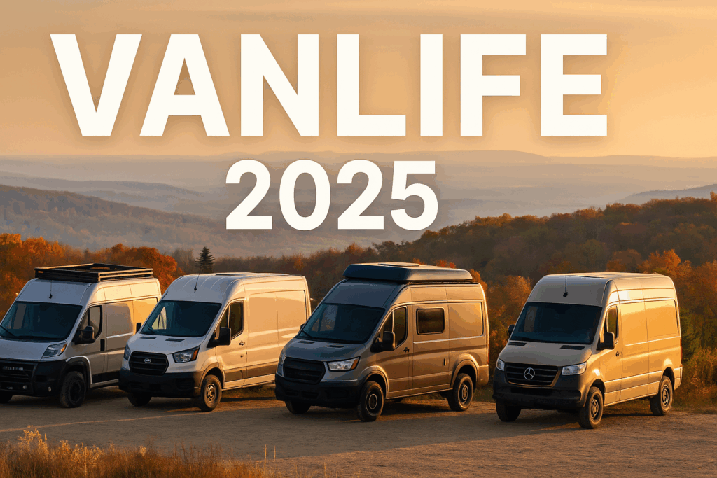 Custom camper van parked at a scenic overlook during a sunset, representing vanlife car shipping in 2025.