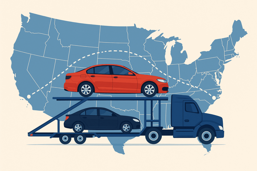 Illustration of a car being shipped across a U.S. map, connected by a dotted route between states.