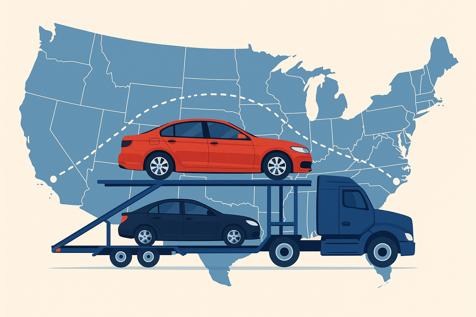 Illustration of a car being shipped across a U.S. map, connected by a dotted route between states.