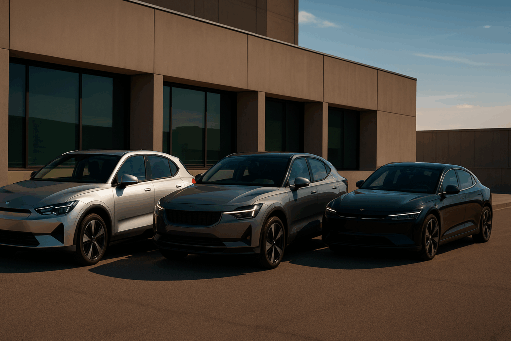 Modern smart cars parked in a minimalist urban setting, representing smart cars 2025.