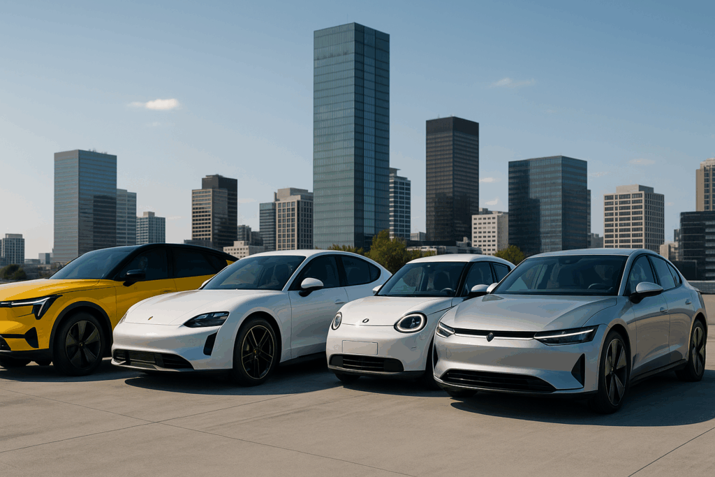 Lineup of futuristic new cars 2025 parked in a modern showroom with sunlight streaming in.