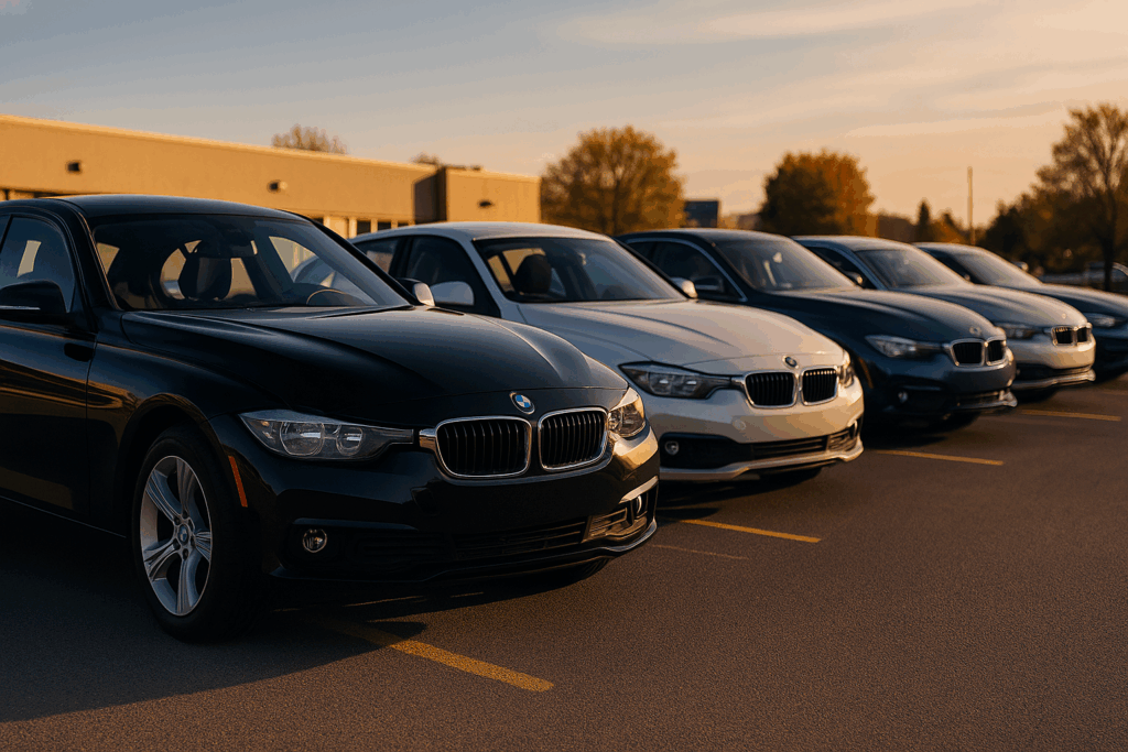A lineup of affordable BMW cars 2025 parked along a scenic street during golden hour.