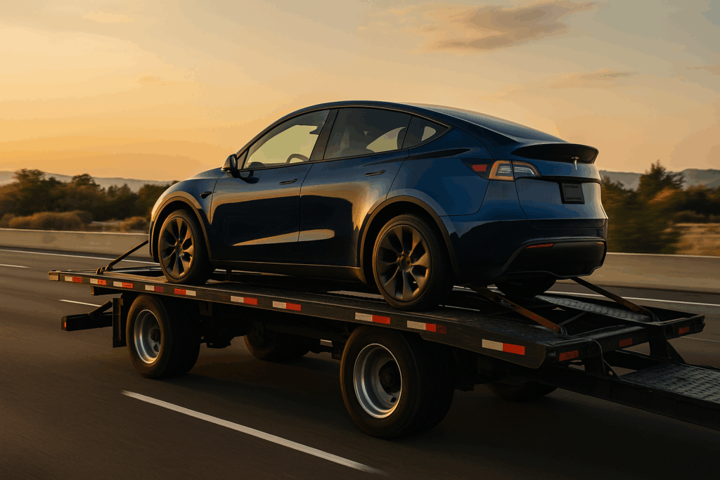 Tesla Model 3 being prepared for enclosed transport on a car carrier, showcasing electric vehicle shipping.