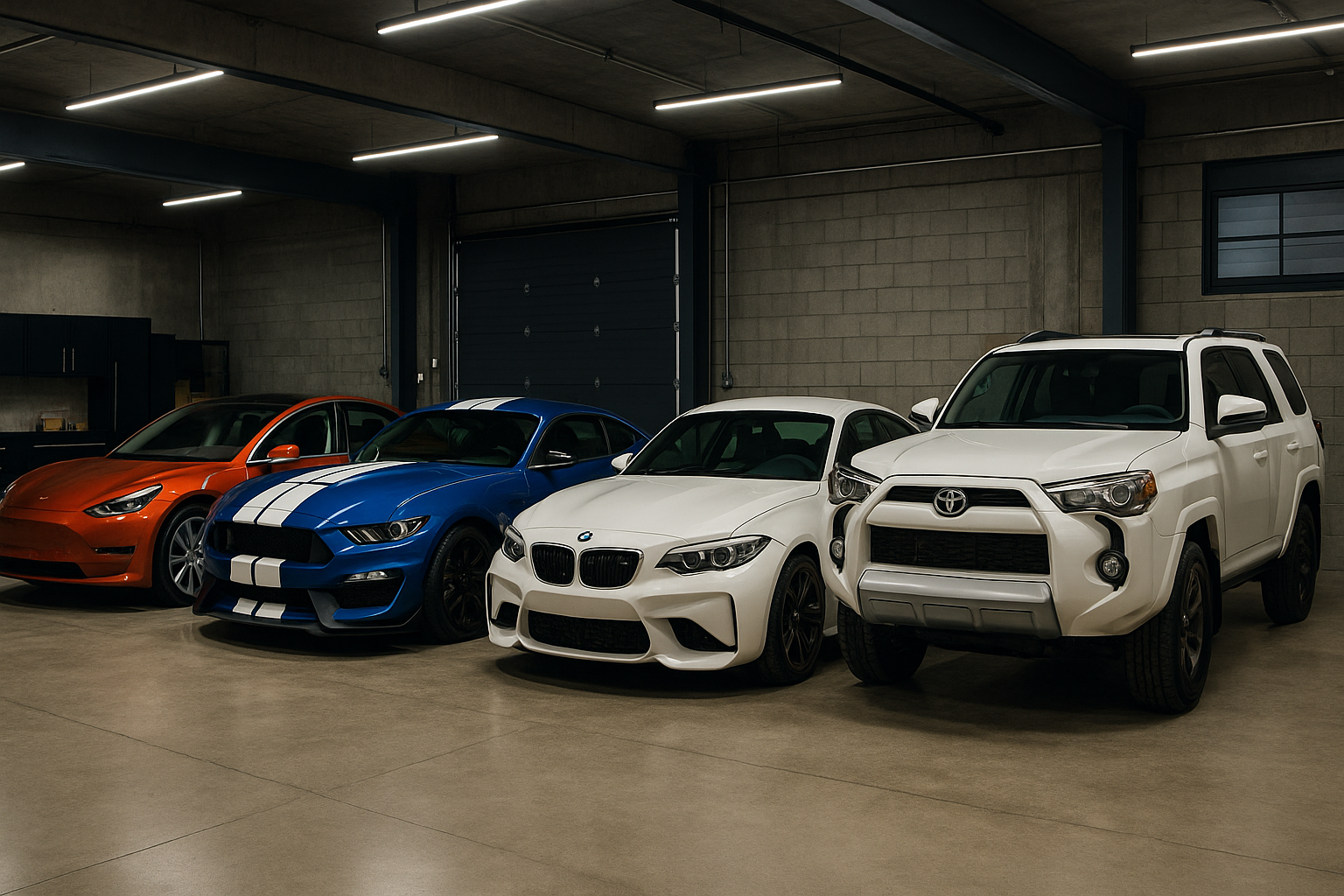 Collector garage showcasing high-performance iconic cars including a Dodge Challenger, BMW M2, and Tesla Model S, parked in a clean, climate-controlled space.