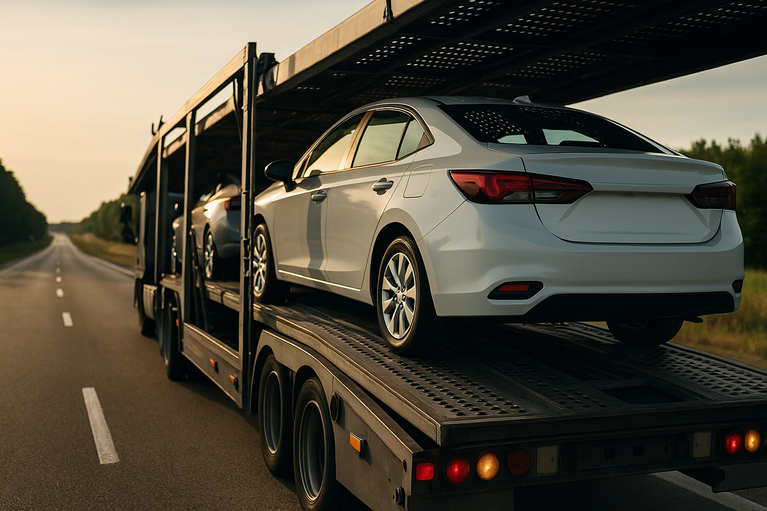 White sedan being professionally loaded onto an open car hauler, illustrating how car shipping reduces carbon emissions by consolidating vehicle transport.