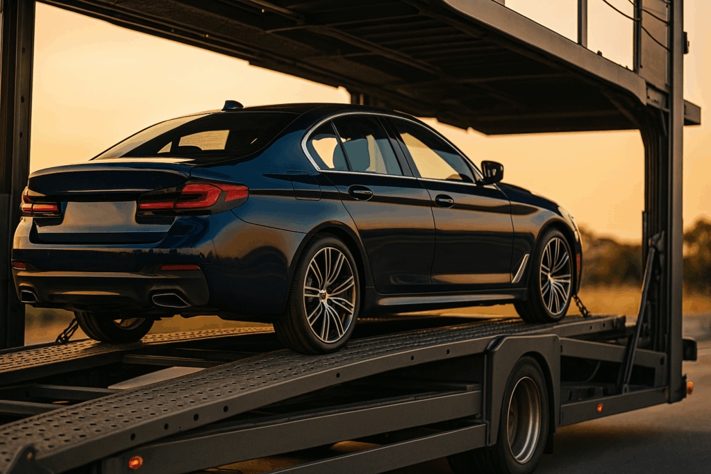 Luxury car ownership in 2025 visualized—a glossy blue sedan being professionally loaded onto an enclosed transport carrier at sunset.