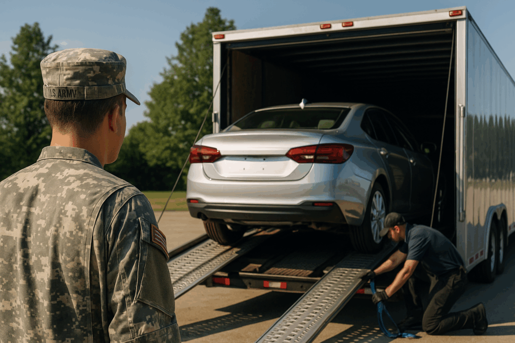Military car shipping service showing a soldier watching his car being loaded onto a transport trailer.