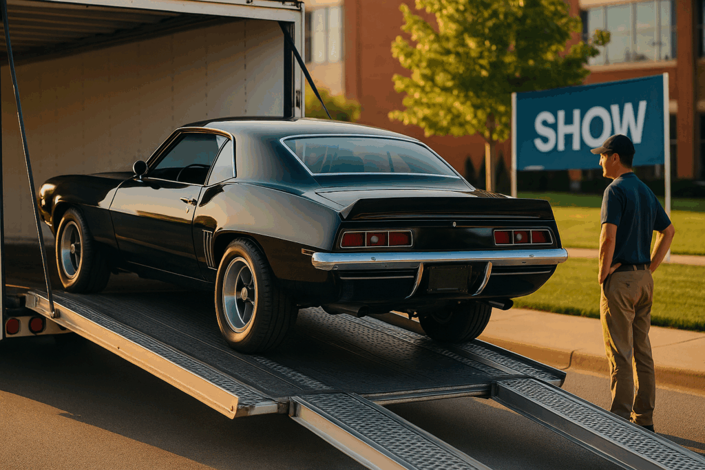 Classic American muscle car being loaded onto an enclosed trailer for car show shipping.