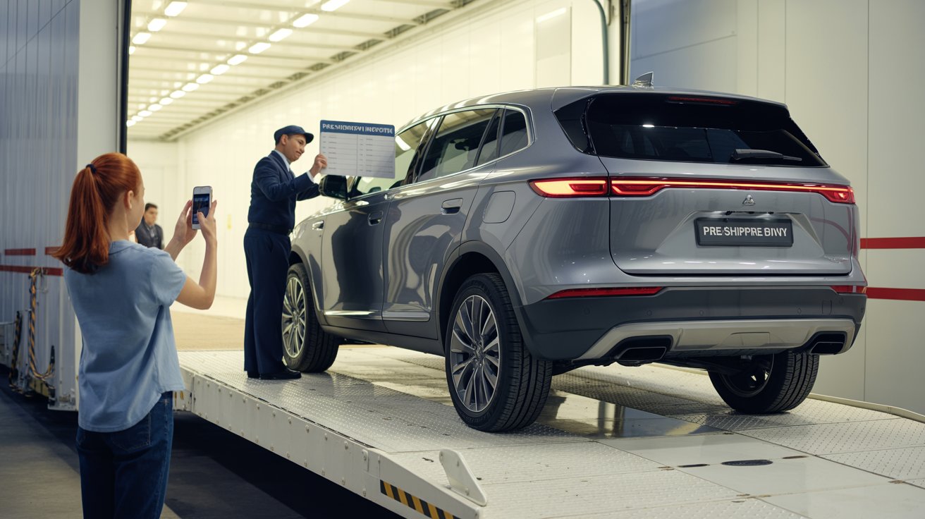 Shipping a car for the first time with professional inspection and secure loading by a transport expert.