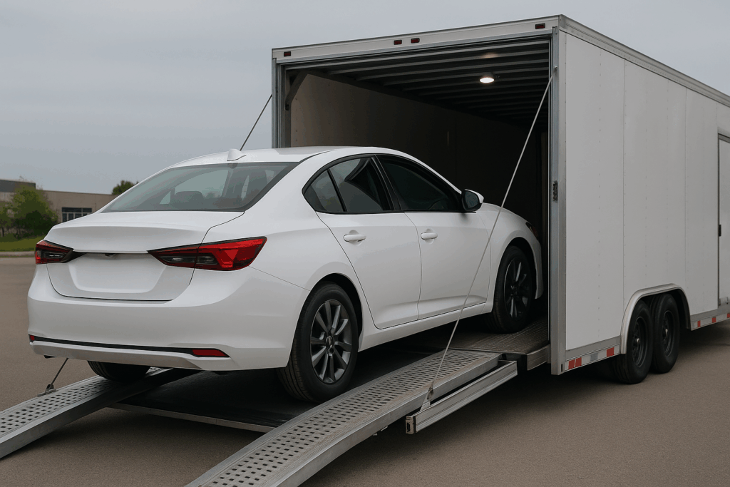 A white sedan being loaded onto an enclosed car carrier, symbolizing car shipping and warranty protection.
