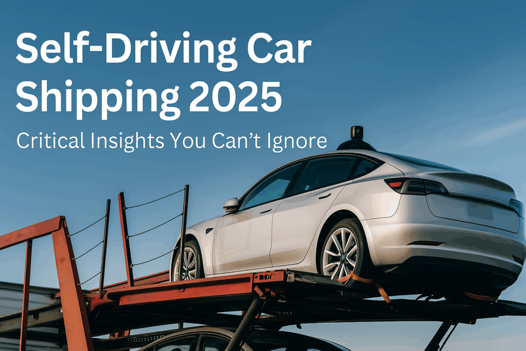 Self-driving car secured on a red auto transport trailer under a clear sky
