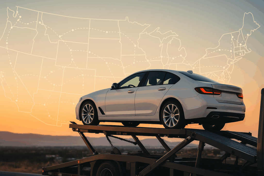 A white sedan being loaded onto a car hauler, symbolizing the cost of driving your car cross-country in 2025.