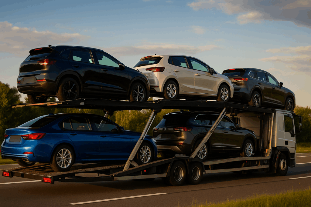 A high-resolution image of a car carrier truck transporting some of the most shipped cars in America—SUVs, sedans, and hatchbacks—during golden hour.