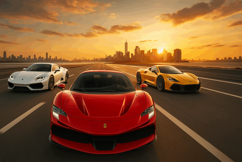 Three of the fastest cars—a red Ferrari, a white supercar, and a yellow exotic—racing down a highway at sunset with a city skyline behind them.