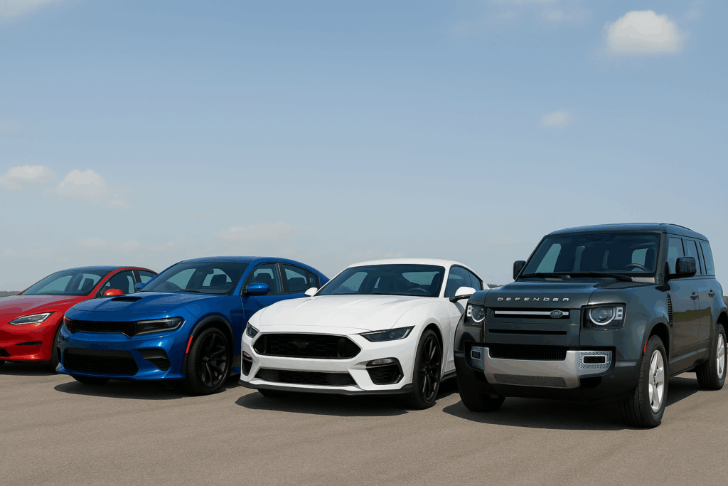 Four coolest car of 2025 —Tesla Model S, Dodge Charger, Ford Mustang, and Land Rover Defender—parked side by side under a clear blue sky.
