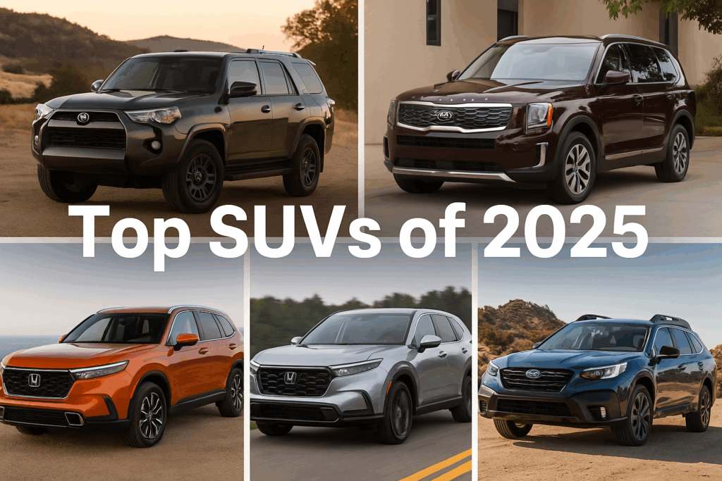 Compilation image showing five future-ready cars, including EVs and luxury SUVs, representing advanced technology, sustainability, and autonomous driving features in 2025.