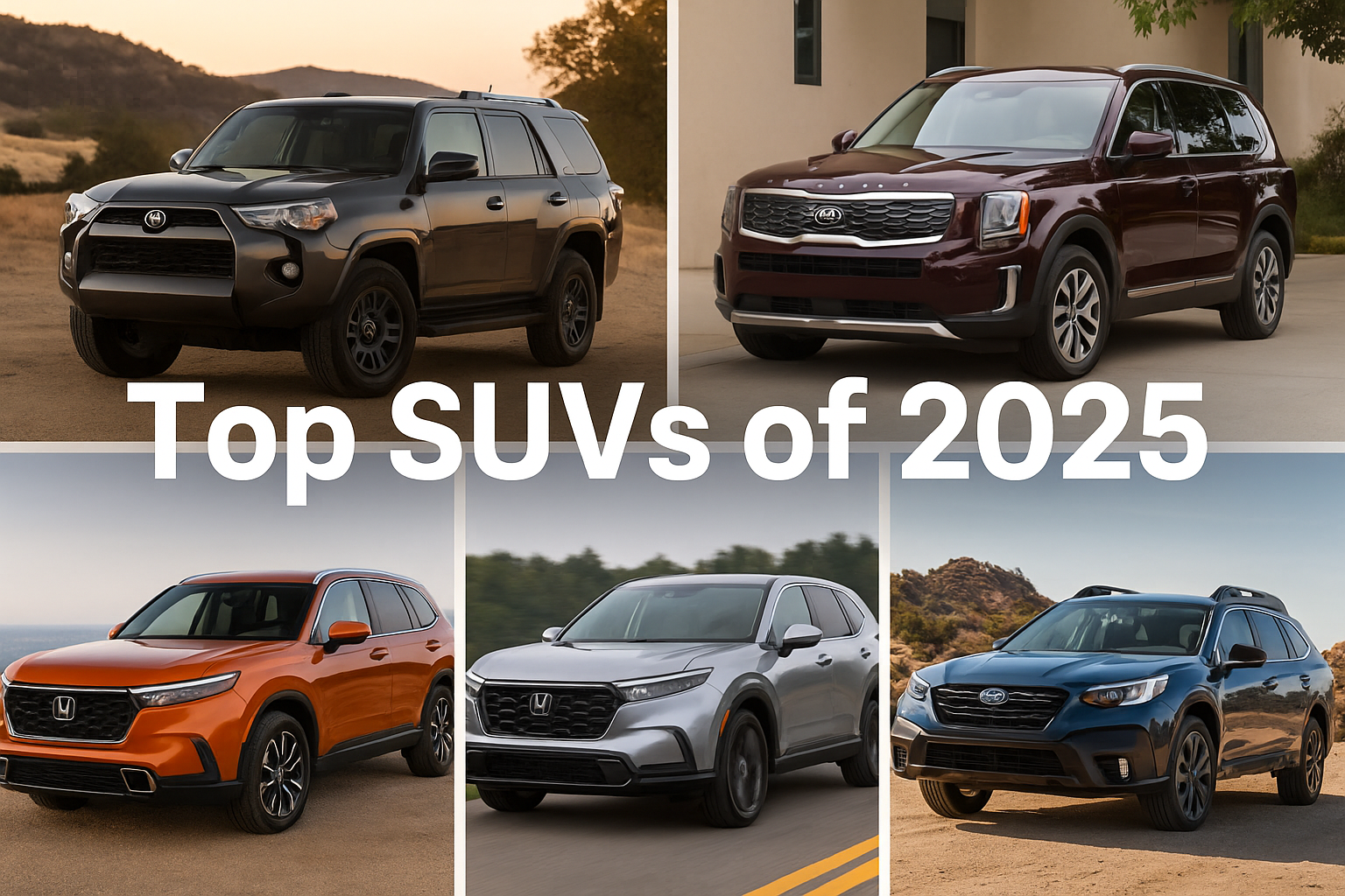 Compilation image showing five future-ready cars, including EVs and luxury SUVs, representing advanced technology, sustainability, and autonomous driving features in 2025.