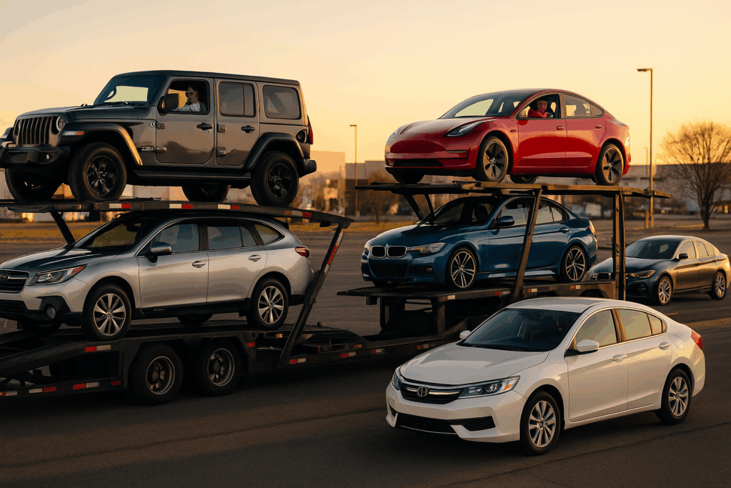 Car carrier transporting the most shipped cars 2025—including a Tesla, Jeep, BMW, and Honda—during golden hour on a U.S. highway.