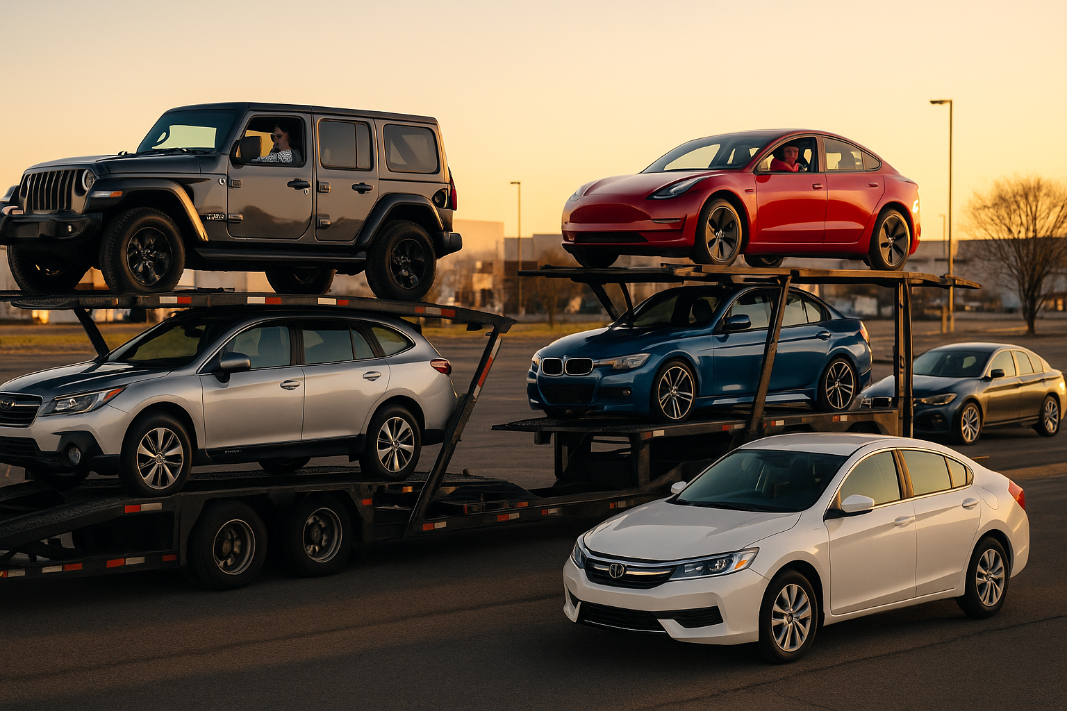 Car carrier transporting the most shipped cars 2025—including a Tesla, Jeep, BMW, and Honda—during golden hour on a U.S. highway.
