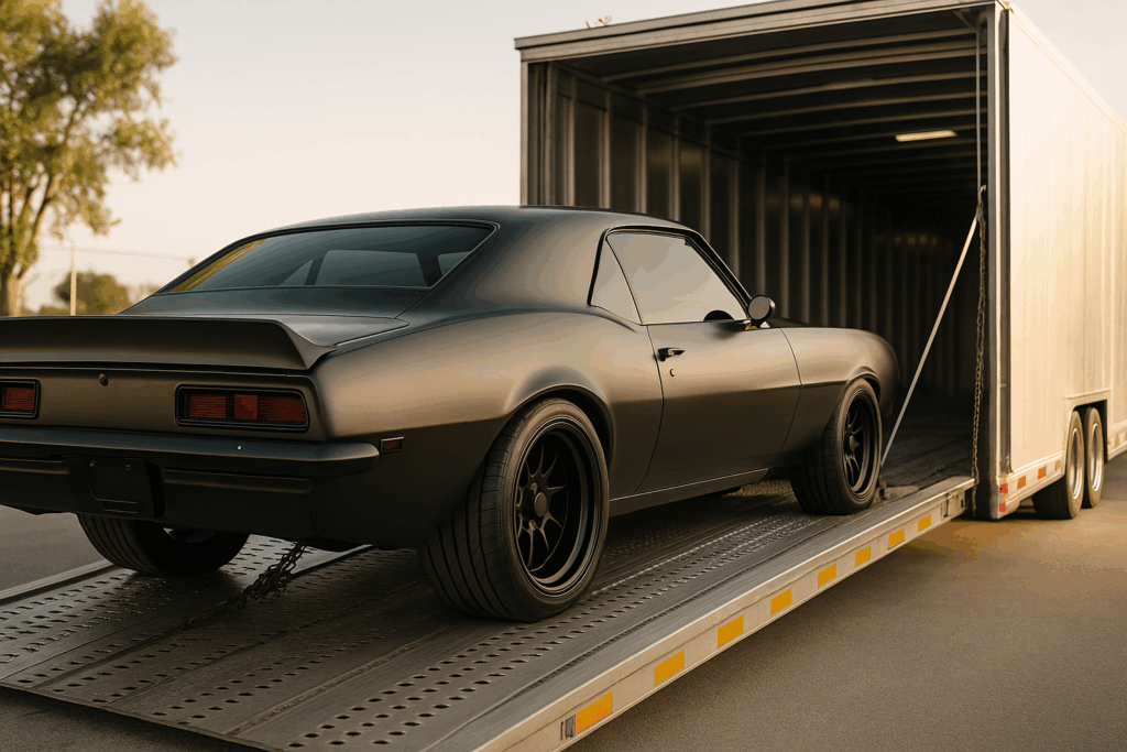 Lease return car shipping service loading a returned vehicle onto a transport truck for delivery.