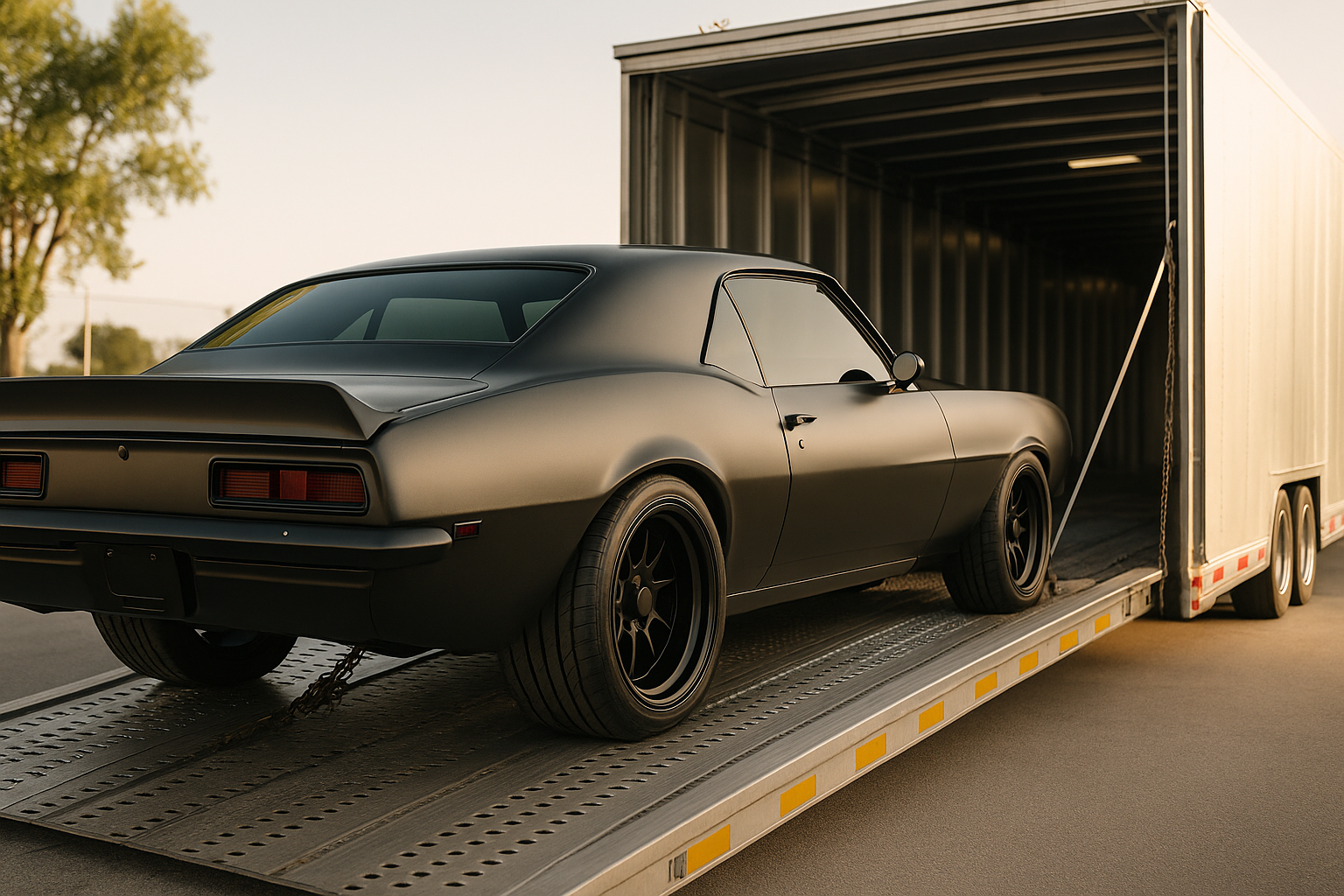 Lease return car shipping service loading a returned vehicle onto a transport truck for delivery.