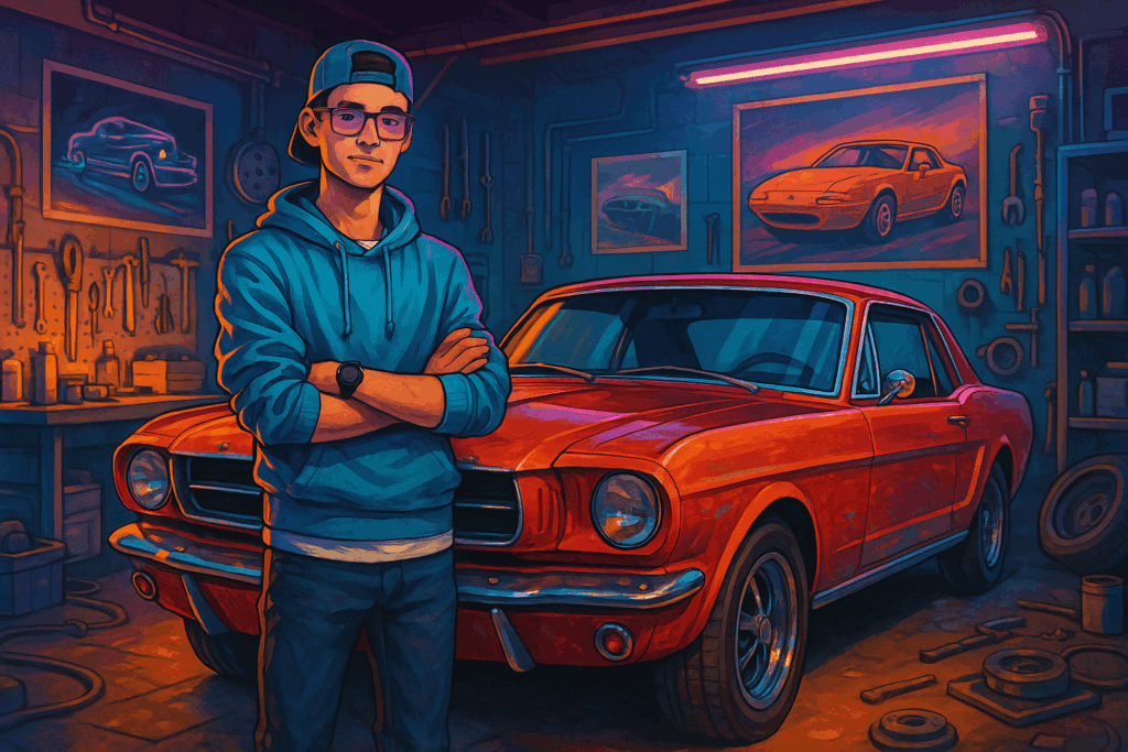 A colorful digital illustration featuring seven iconic classic cars from the 1960s to 1990s being admired and restored by Gen Z enthusiasts, highlighting classic car shipping services.