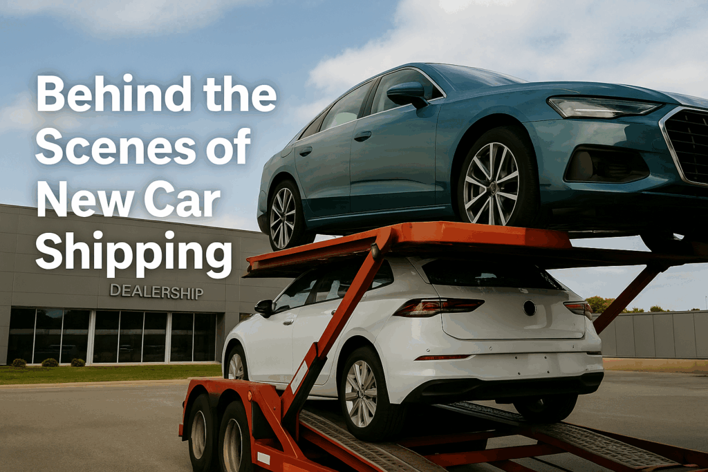 New car shipping truck unloading brand-new vehicles at a dealership lot during daylight.