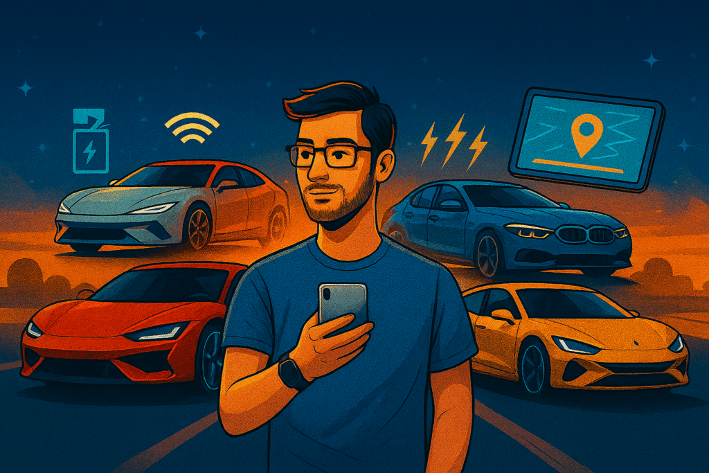A digital illustration showing a tech-savvy man holding a smartphone, surrounded by five futuristic cars under a starry sky, representing top tech-savvy cars of 2025.