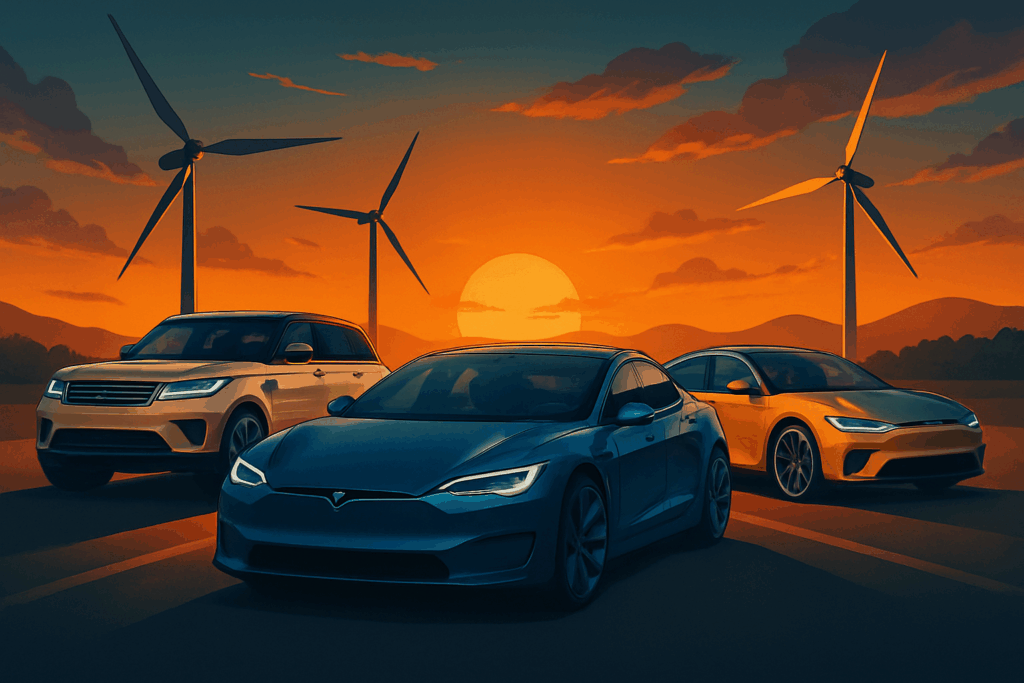 Four luxury eco-friendly cars, including a Tesla and Lucid Air, drive along a futuristic city highway at sunset, symbolizing sustainable yet glamorous automotive choices in 2025.