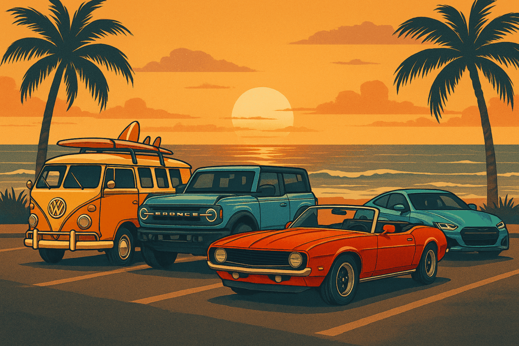 A vintage-inspired digital illustration of stylish retro and classic cars being shipped on an open car hauler at sunset, symbolizing cross-country vehicle transport.