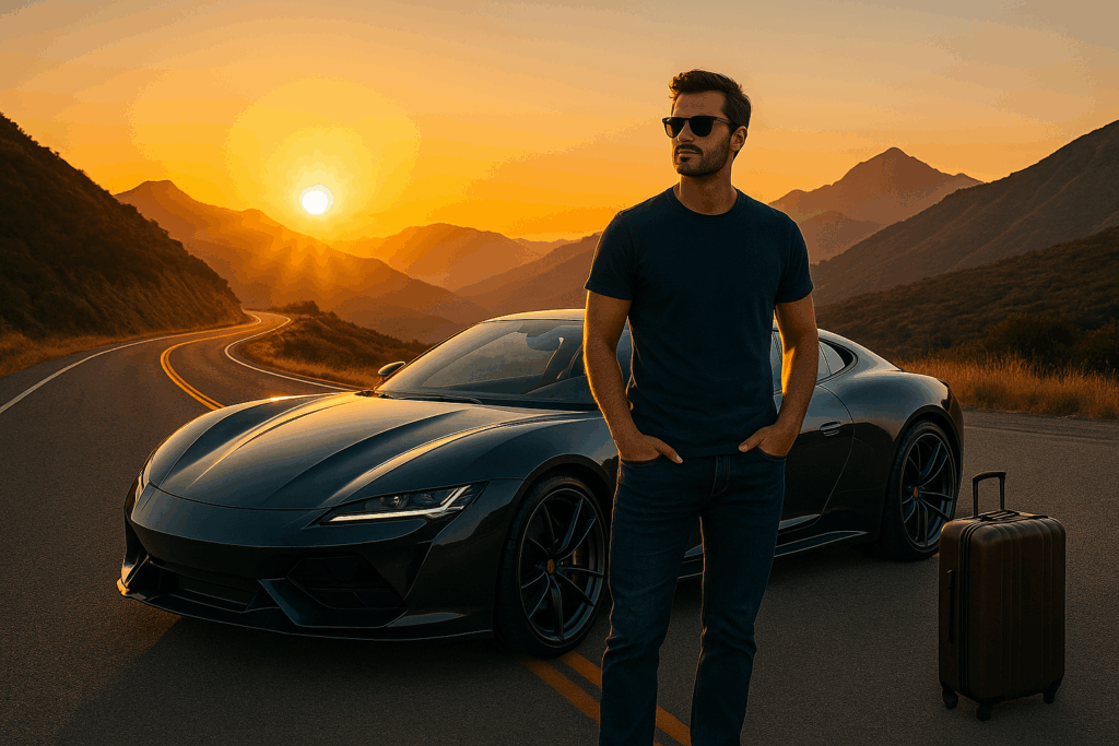 A road trip scene showing how car people make the best travelers—an enthusiast with a backpack stands beside a packed SUV at sunset, ready to explore.