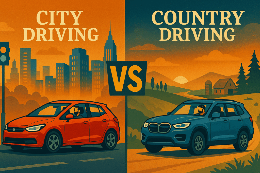 Illustration of city and countryside roads featuring compact urban cars and rugged rural SUVs, highlighting the best car for city vs country driving.