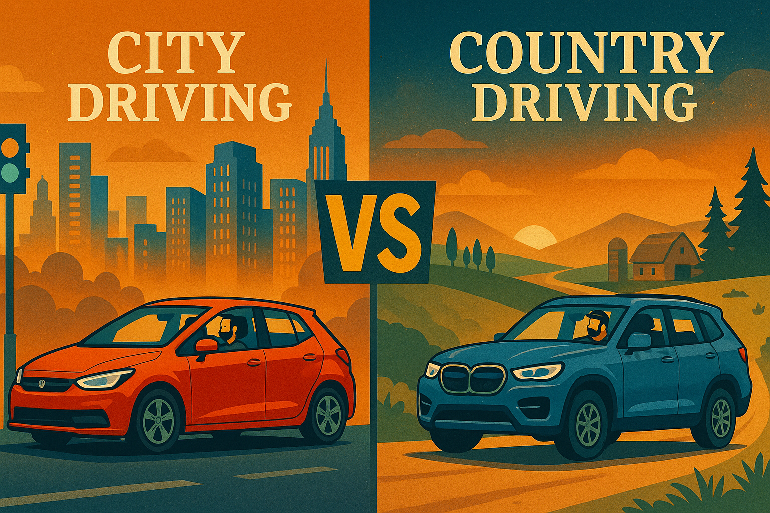 Illustration of city and countryside roads featuring compact urban cars and rugged rural SUVs, highlighting the best car for city vs country driving.