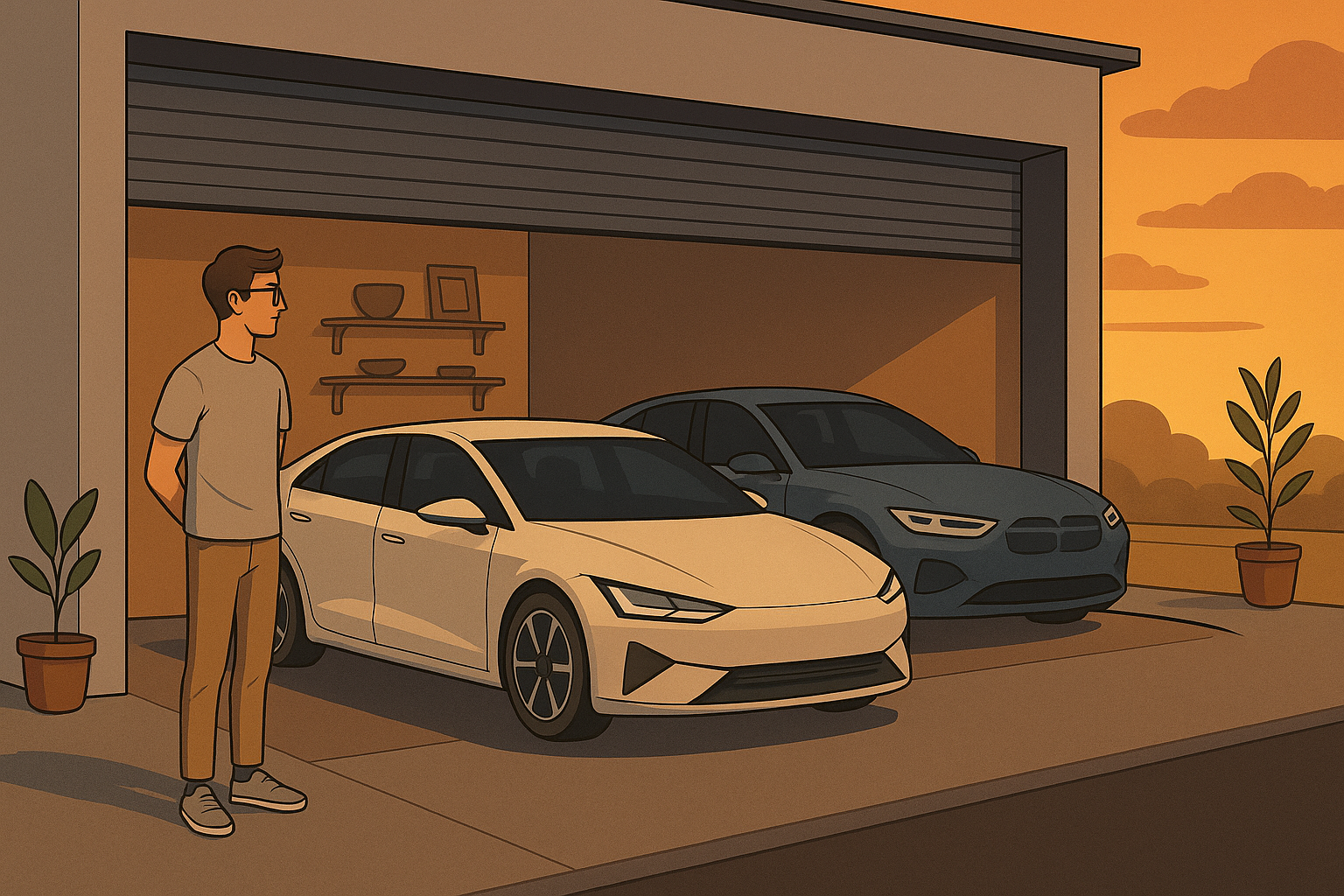A digital illustration of a clean, minimalist garage with five compact, modern cars neatly parked, reflecting eco-friendly design and simple, stylish living.