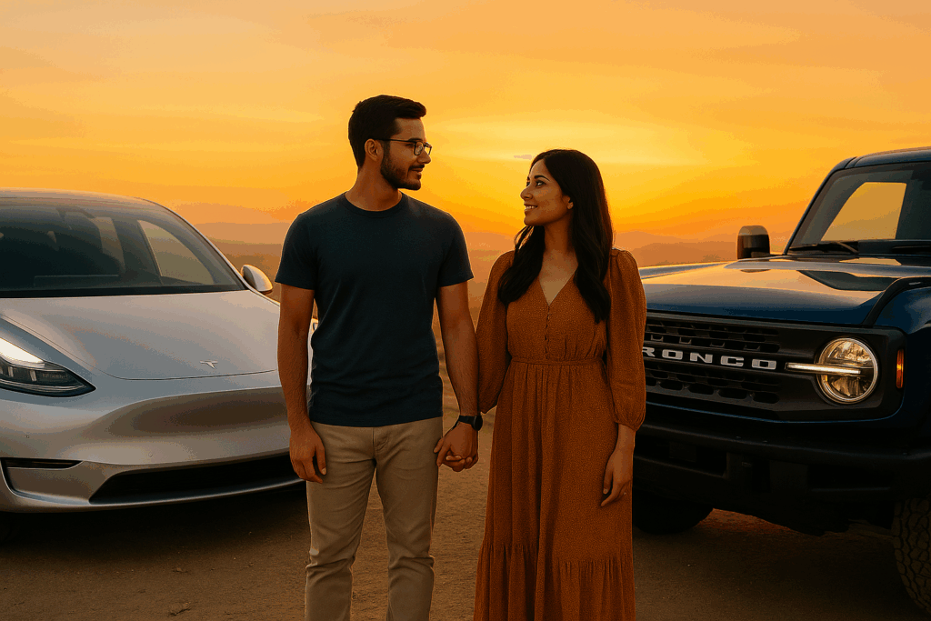 his and hers cars – A young couple stands beside two stylish vehicles, each representing their personal taste, illustrating the growing 2025 trend of dual car ownership among couples.