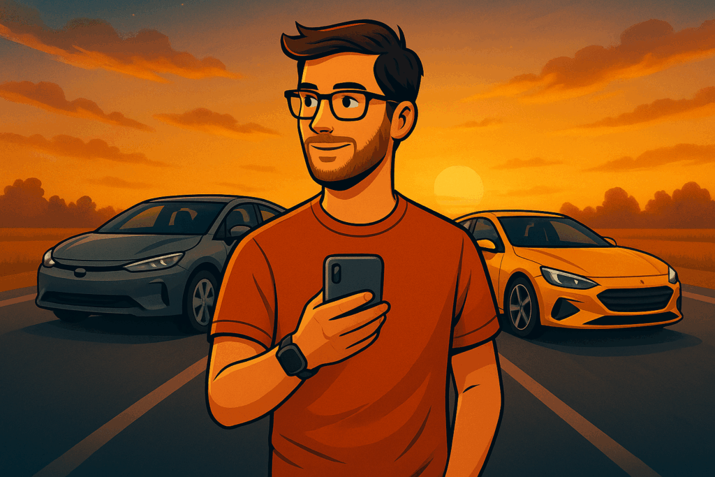 Young man and woman choosing their best second car for 2025, with two different vehicles representing daily driving and weekend fun.