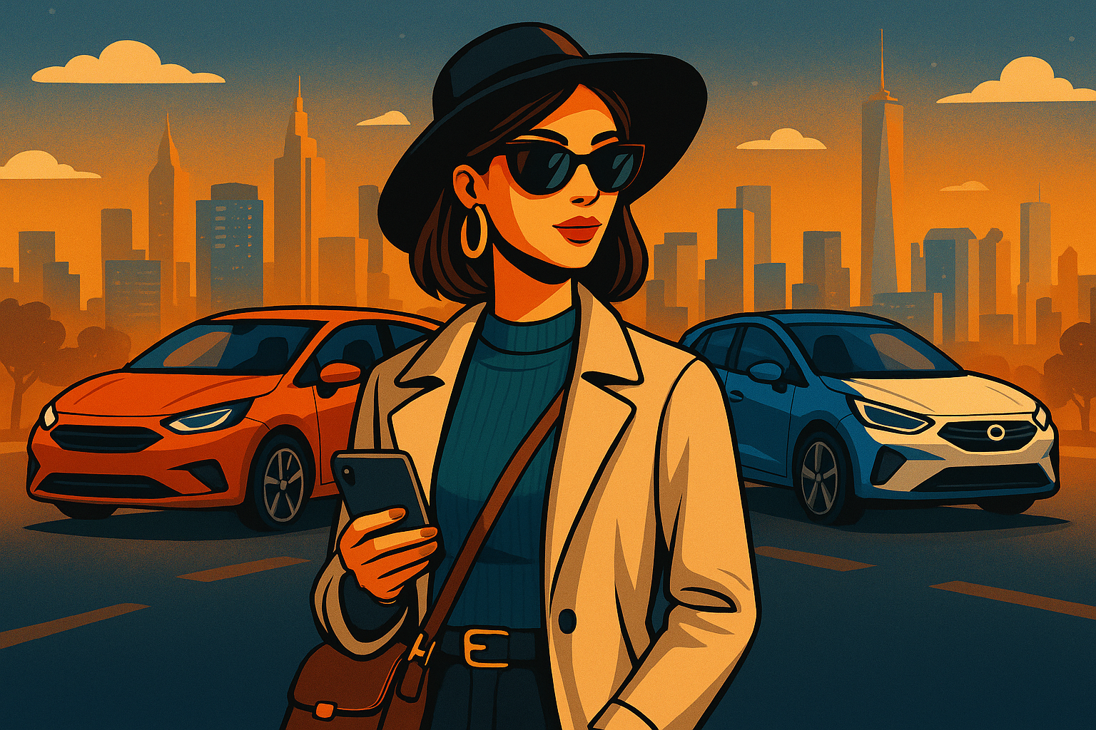 A fashionable young woman stands confidently next to a compact, stylish city car on a vibrant urban street—representing independence, style, and the best cars for city women on the go.